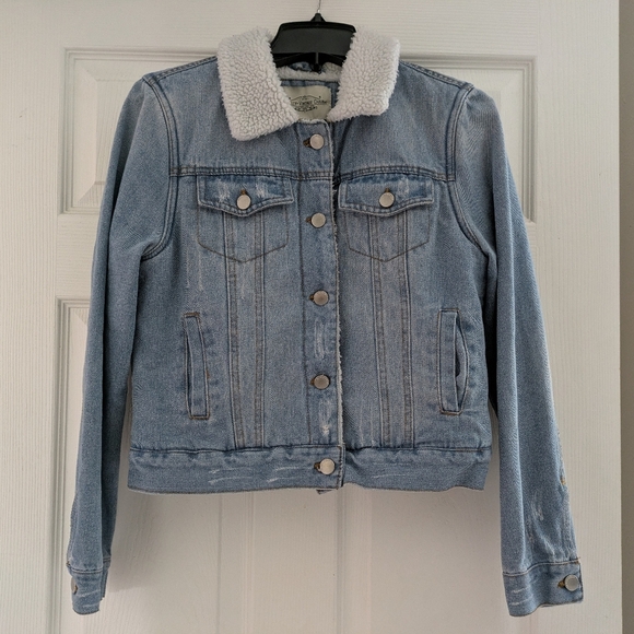 Ashley Vintage Charm Sherpa Lined Distressed Button Up Denim Jean Jacket Medium - Picture 1 of 6